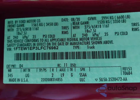 2020 Ford F-150 Xlt z USA, uszkodzony, nr VIN 1FTEW1EP3LFC76982